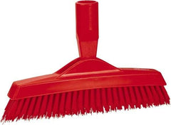 Vikan - 1.6" Bristle Length, Polyester Utility Scrub Brush - 9" Long x 1-1/2" Wide Head, 9-1/4" OAL, European Threaded Handle, Red, Polypropylene Block - Americas Tooling