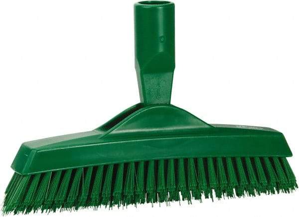 Vikan - 1.6" Bristle Length, Polyester Utility Scrub Brush - 9" Long x 1-1/2" Wide Head, 9-1/4" OAL, European Threaded Handle, Green, Polypropylene Block - Americas Tooling