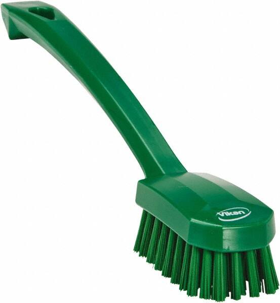 Vikan - 0.8" Bristle Length, Polyester Food Service Brush - 3" Long x 1.6" Wide Head, 10.2" OAL, Ergonomic Handle, Green, Polypropylene Block - Americas Tooling