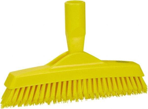 Vikan - 1.6" Bristle Length, Polyester Utility Scrub Brush - 9" Long x 1-1/2" Wide Head, 9-1/4" OAL, European Threaded Handle, Yellow, Polypropylene Block - Americas Tooling