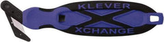 Klever Innovations - Quick-Change Safety Cutter - 1-1/4" Carbon Steel Blade, Blue Plastic/Softgrip Handle, 1 Blade Included - Americas Tooling