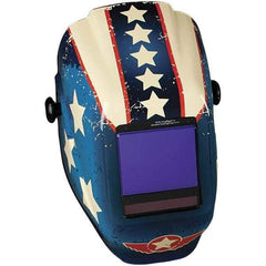 Jackson Safety - 3-1/4" Window Width x 4" Window Height, 5 to 8 & 9 to 13 Shade Auto-Darkening Lens, Fixed Front Welding Helmet with Digital Controls - Red/White/Blue Stars & Scars Design, Nylon - Americas Tooling