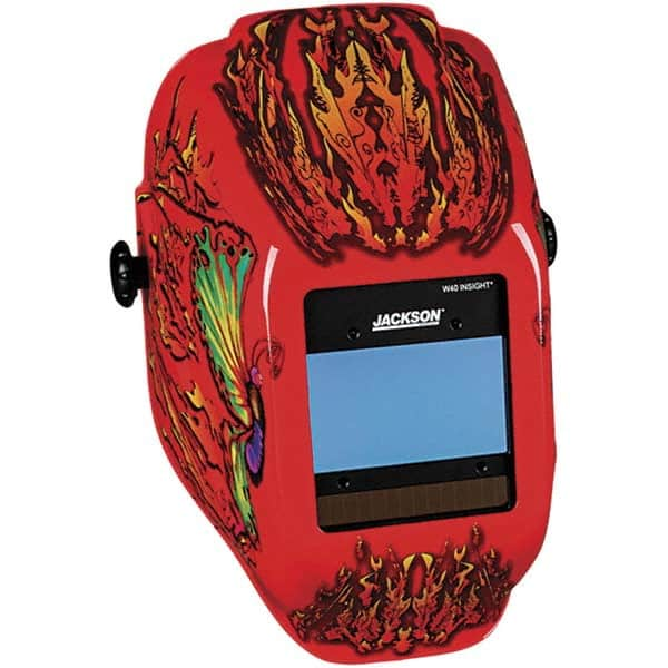 Jackson Safety - 2.36" Window Width x 3.94" Window Height, 9 to 13 Shade Auto-Darkening Lens, Fixed Front Welding Helmet with Digital Controls - Red Flaming Butterfly Design, Nylon - Americas Tooling