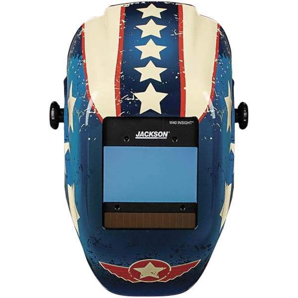 Jackson Safety - 2.36" Window Width x 3.94" Window Height, 9 to 13 Shade Auto-Darkening Lens, Fixed Front Welding Helmet with Digital Controls - Red/White/Blue Stars & Scars Design, Nylon - Americas Tooling