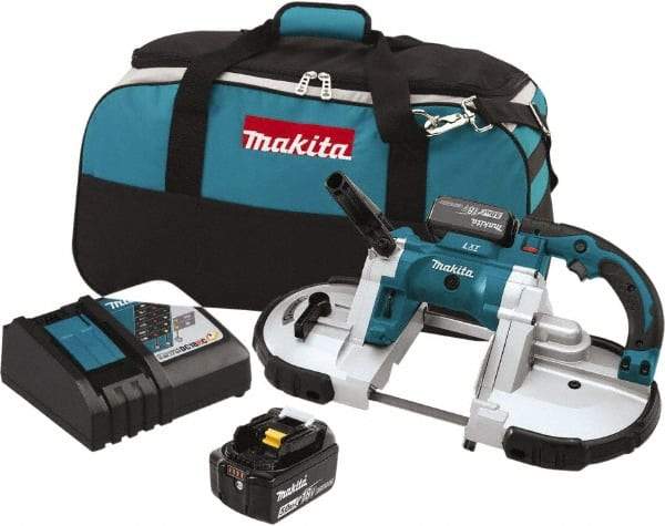 Makita - 18 Volt, 44-7/8" Blade, 530 SFPM Cordless Portable Bandsaw - 4-3/4" (Round) & 4-3/4 x 4-3/4" (Rectangle) Cutting Capacity, Lithium-Ion Battery Included - Americas Tooling