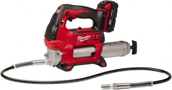 Milwaukee Tool - 10,000 Max psi, Flexible Battery-Operated Grease Gun - 14 oz Capacity, 31 Strokes per oz, Includes Grease Gun, Gauge Hose Assembly, Coupler, 18 V Rechargeable Battery, 30-Minute Charger, Carrying Case & Carrying Strip - Americas Tooling