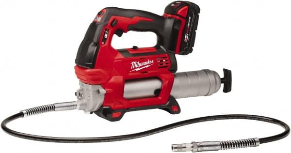 Milwaukee Tool - 10,000 Max psi, Flexible Battery-Operated Grease Gun - 14 oz Capacity, 31 Strokes per oz, Includes Grease Gun, Gauge Hose Assembly, Coupler, 30-Minute Charger, Carrying Case, Carrying Strip & (2)18 V Rechargeable Batteries - Americas Tooling