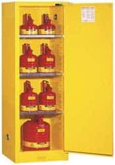 Justrite - 1 Door, 3 Shelf, Yellow Steel Space Saver Safety Cabinet for Flammable and Combustible Liquids - 65" High x 23-1/4" Wide x 18" Deep, Self Closing Door, 22 Gal Capacity - Americas Tooling