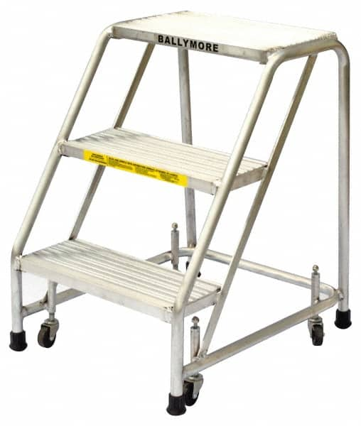 Ballymore - 28-1/2" 3 Step Ladder - Rolling Safety Ladder, 300 Lb Capacity, 28-1/2" Platform Height, 20" Base Width x 25" Base Depth, Solid Ribbed Tread - Americas Tooling