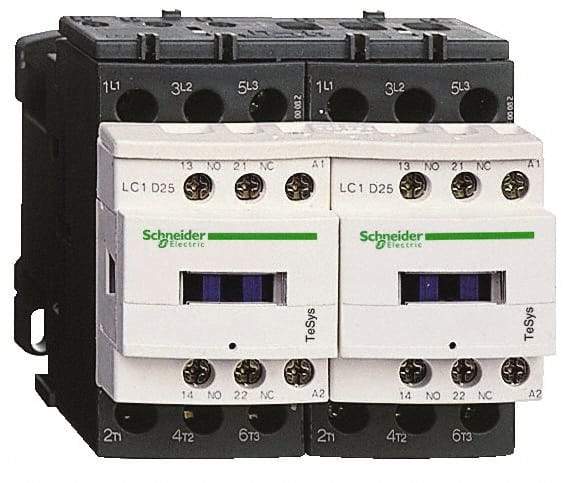 Schneider Electric - 3 Pole, 120 Coil VAC at 50/60 Hz, 12 Amp at 440 VAC, Reversible IEC Contactor - 1 Phase hp: 1 at 115 VAC, 2 at 230/240 VAC, 3 Phase hp: 10 at 575/600 VAC, 3 at 200/208 VAC, 3 at 230/240 VAC, 7.5 at 460/480 VAC - Americas Tooling