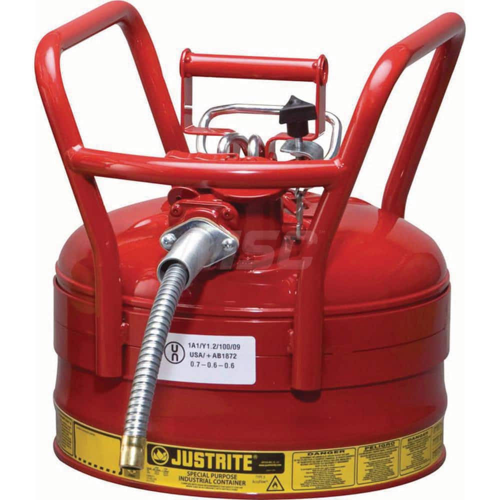 Justrite - Safety Dispensing Cans; Capacity: 2.5 Gal ; Material: Steel ; Color: Red ; Height (Decimal Inch): 12.700000 ; Diameter/Length (mm): 11.75 ; Approval Listing/Regulations: FM Approved; DOT; UN - Exact Industrial Supply