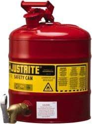 Justrite - 5 Gal Galvanized Steel Self-Closing, Self-Venting, Full-Length Flame Arrester with Bottom Faucet - 16-7/8" High x 11-3/4" Diam, Red with Yellow - Americas Tooling