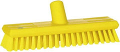 Vikan - 1.3" Bristle Length, Polyester Scrub Brush - 10-3/4" Long x 2-1/2" Wide Head, 11" OAL, European Threaded Handle, Yellow, Polypropylene Block - Americas Tooling