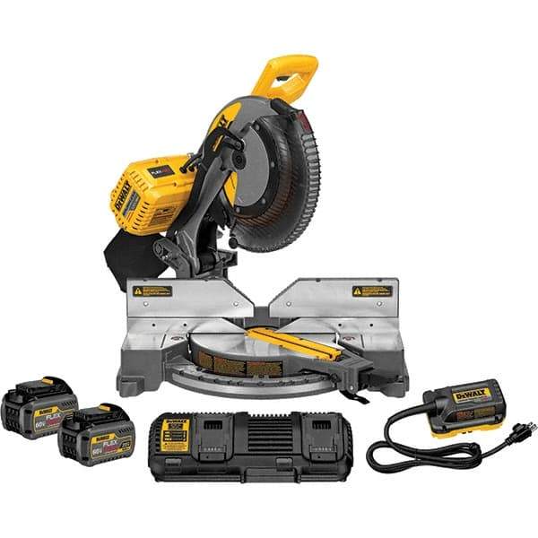 DeWALT - 15 Amp, 120 Volt, 3,800 RPM, 50° Double Bevel Miter Saw - 5/8 or 1" Arbor, 12" Blade Diam, Includes DHS716 Miter Saw, DCA120 120V Adaptor & DCA132 Charger - Americas Tooling