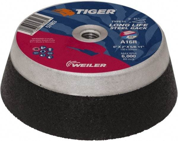 Weiler - 6" Diam, 5/8" Hole Size, 2" Overall Thickness, 16 Grit, Type 11 Tool & Cutter Grinding Wheel - Very Coarse Grade, Aluminum Oxide, R Hardness, Resinoid Bond, 6,000 RPM - Americas Tooling