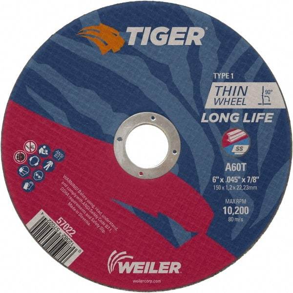 Weiler - 6" 60 Grit Aluminum Oxide Cutoff Wheel - 0.045" Thick, 7/8" Arbor, 10,200 Max RPM, Use with Angle Grinders