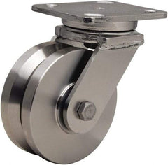 Hamilton - 5" Diam x 2" Wide, Stainless Steel Swivel Caster - 950 Lb Capacity, Top Plate Mount, 4" x 5" Plate, Delrin Bearing - Americas Tooling