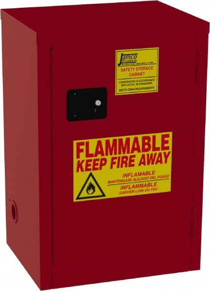 Jamco - 1 Door, 2 Shelf, Red Steel Double Wall Safety Cabinet for Flammable and Combustible Liquids - 35" High x 18" Wide x 23" Deep, Manual Closing Door, 3 Point Key Lock, 18 Gal Capacity - Americas Tooling