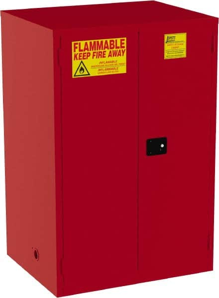 Jamco - 2 Door, 5 Shelf, Red Steel Double Wall Safety Cabinet for Flammable and Combustible Liquids - 65" High x 34" Wide x 43" Deep, Self Closing Door, 3 Point Key Lock, 120 Gal Capacity - Americas Tooling