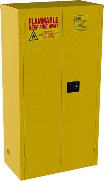 Jamco - 2 Door, 3 Shelf, Yellow Steel Double Wall Safety Cabinet for Flammable and Combustible Liquids - 65" High x 18" Wide x 34" Deep, Manual Closing Door, 3 Point Key Lock, 44 Gal Capacity - Americas Tooling