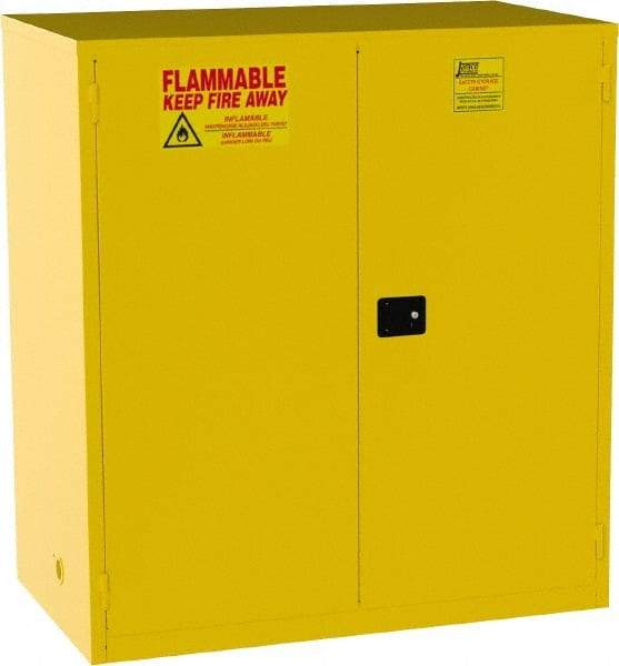 Jamco - 2 Door, 2 Shelf, Yellow Steel Double Wall Safety Cabinet for Flammable and Combustible Liquids - 65" High x 34" Wide x 59" Deep, Manual Closing Door, 3 Point Key Lock, 120 Gal Capacity - Americas Tooling