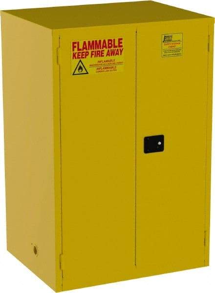 Jamco - 2 Door, 2 Shelf, Yellow Steel Double Wall Safety Cabinet for Flammable and Combustible Liquids - 65" High x 34" Wide x 43" Deep, Manual Closing Door, 3 Point Key Lock, 90 Gal Capacity - Americas Tooling