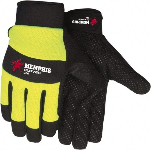 MCR Safety - Size S Leather General Protection Work Gloves - For Work & Driver, Uncoated, Adjustable Closure Cuff, Black/Hi-Vis Lime, Paired - Americas Tooling