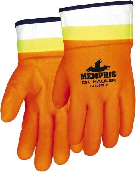 MCR Safety - Size L (9), 10-1/2" Long, 59 mil Thick, Supported, PVC Chemical Resistant Gloves - Rough Finish, Fleece/Jersey Lined, Orange - Americas Tooling