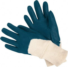 MCR Safety - Size M Nitrile Coated Cotton Blend General Protection Work Gloves - For General Purpose, Fully Coated, Knit Wrist Cuff, Blue/Natural, Paired - Americas Tooling