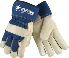 MCR Safety - Size L Pigskin General Protection Work Gloves - For Work & Driver, Uncoated, Safety Cuff, Cream/Blue, Paired - Americas Tooling