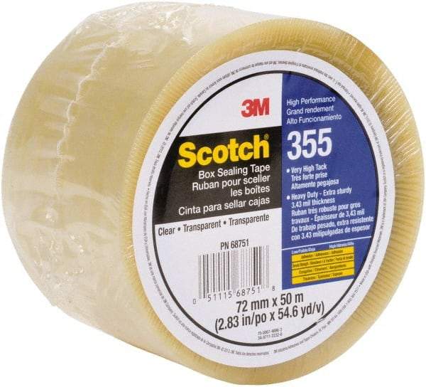 3M - 72mm x 50m Clear Rubber Adhesive Sealing Tape - Polyester Film Backing, 3.4 mil Thick, 67 Lb Tensile Strength, Series 355 - Americas Tooling