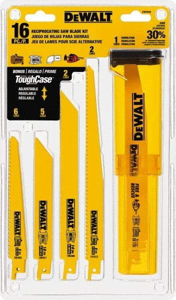 DeWALT - 16 Pieces, 6" to 9" Long x 0.04" Thickness, Bi-Metal Reciprocating Saw Blade Set - Straight Profile, 6 to 18 Teeth, Toothed Edge - Americas Tooling