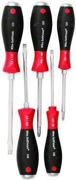 5 Piece - SoftFinish® Cushion Grip Extra Heavy Duty Screwdriver w/ Hex Bolster & Metal Striking Cap Set - #53075 - Includes: Slotted 4.5 - 6.5mm Phillips #1 - 2 - Extra Heavy Duty - Americas Tooling