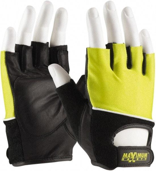 PIP - Size L Sheepskin/Cotton/Nylon General Protection Work Gloves - For Mechanic's & Lifting, Uncoated, Hook & Loop Cuff, Half Fingered, Black/Yellow, Paired - Americas Tooling