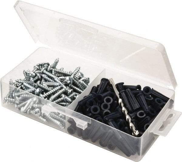 Value Collection - 200 Piece, #10 to 12 Screw, Plastic & Steel Slotted/Phillips Drive Anchor Assortment - Zinc Plated, 1" Long - Americas Tooling