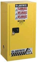 Justrite - 1 Door, 1 Shelf, Yellow Steel Space Saver Safety Cabinet for Flammable and Combustible Liquids - 44" High x 23-1/4" Wide x 18" Deep, Self Closing Door, 15 Gal Capacity - Americas Tooling