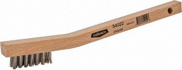 Osborn - 3 Rows x 7 Columns Stainless Steel Scratch Brush - 1-7/16" Brush Length, 7-3/4" OAL, 7/16" Trim Length, Wood Curved Handle - Americas Tooling