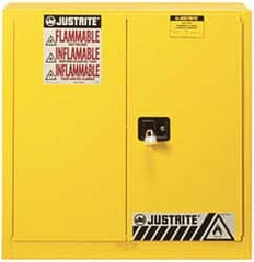 Justrite - 2 Door, 3 Shelf, Yellow Steel Standard Safety Cabinet for Flammable and Combustible Liquids - 44" High x 43" Wide x 18" Deep, Manual Closing Door, 3 Point Key Lock, 40 Gal Capacity - Americas Tooling