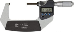 Mitutoyo - 2 to 3 Inch Range, 0 Inch Resolution, Standard Throat, IP65 Electronic Outside Micrometer - 0.0001 Inch Accuracy, Ratchet Friction Thimble, Rotating Spindle, SR44 Battery, Includes NIST Traceability Certification - Americas Tooling