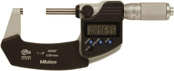 Mitutoyo - 1 to 2 Inch Range, 0 Inch Resolution, Standard Throat, IP65 Electronic Outside Micrometer - 0.0001 Inch Accuracy, Ratchet Friction Thimble, Rotating Spindle, SR44 Battery, Includes NIST Traceability Certification - Americas Tooling