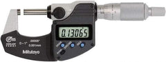 Mitutoyo - 0 to 1 Inch Range, 0.0001 Inch Resolution, Standard Throat, IP65 Electronic Outside Micrometer - 0.0001 Inch Accuracy, Ratchet Stop Thimble, Rotating Spindle, SR44 Battery, Includes NIST Traceability Certification - Americas Tooling