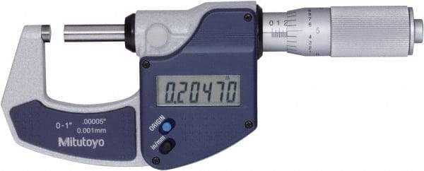 Mitutoyo - 0 to 1" Range, 0" Resolution, Standard Throat, Electronic Outside Micrometer - 0.0001" Accuracy, Friction Thimble, Rotating Spindle, SR44 Battery, Includes NIST Traceability Certification - Americas Tooling