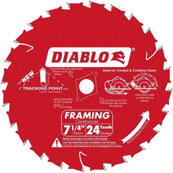 Freud - 7-1/4" Diam, 5/8" Arbor Hole Diam, 24 Tooth Wet & Dry Cut Saw Blade - Carbide-Tipped, Standard Round Arbor - Americas Tooling