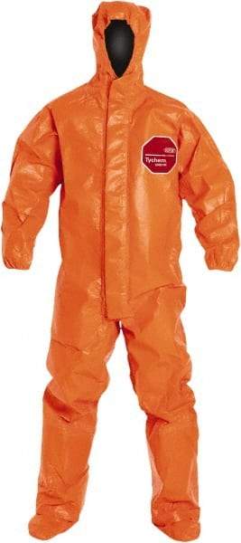 Dupont - Size 3XL Film Laminate Chemical Resistant Flame Resistant/Retardant Coveralls - Orange, Hook & Loop, Storm Flap & Zipper Closure, Elastic Cuffs - Americas Tooling