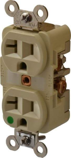 Hubbell Wiring Device-Kellems - 125 VAC, 20 Amp, 5-20R NEMA Configuration, Ivory, Hospital Grade, Self Grounding Duplex Receptacle - 1 Phase, 2 Poles, 3 Wire, Flush Mount, Chemical, Corrosion and Impact Resistant - Americas Tooling