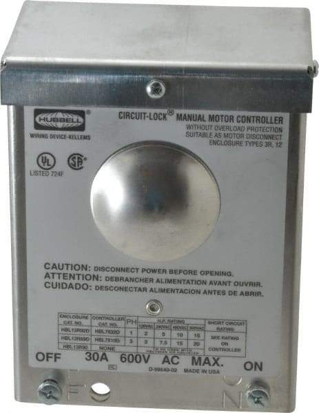 Hubbell Wiring Device-Kellems - 2 Poles, 30 Amp, 3R NEMA, Enclosed Pushbutton Manual Motor Starter - 111.8mm Wide x 83.3mm Deep x 140.2mm High, 15 hp, CSA Certified, NEMA 3R & UL Listed - Americas Tooling