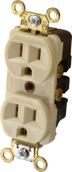 Hubbell Wiring Device-Kellems - 125 VAC, 15 Amp, 5-15R NEMA Configuration, Ivory, Industrial Grade, Self Grounding Duplex Receptacle - 1 Phase, 2 Poles, 3 Wire, Flush Mount, Corrosion, Heat and Impact Resistant - Americas Tooling