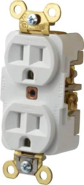 Hubbell Wiring Device-Kellems - 125 VAC, 15 Amp, 5-15R NEMA Configuration, White, Specification Grade, Self Grounding Duplex Receptacle - 1 Phase, 2 Poles, 3 Wire, Flush Mount, Corrosion, Heat and Impact Resistant - Americas Tooling