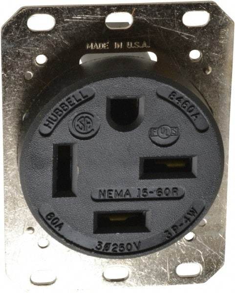 Hubbell Wiring Device-Kellems - 250 VAC, 60 Amp, 15-60R NEMA Configuration, Black, Industrial Grade, Self Grounding Single Receptacle - 1 Phase, 3 Poles, 4 Wire, Flush Mount - Americas Tooling