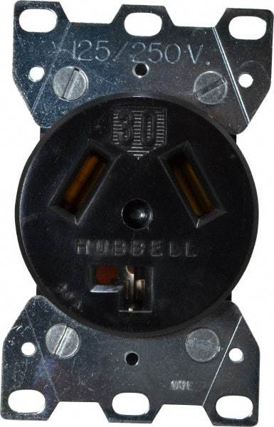 Hubbell Wiring Device-Kellems - 125/250 VAC, 30 Amp, 10-30R NEMA Configuration, Black/White, Industrial Grade, Self Grounding Single Receptacle - 1 Phase, 3 Poles, 3 Wire, Flush Mount - Americas Tooling